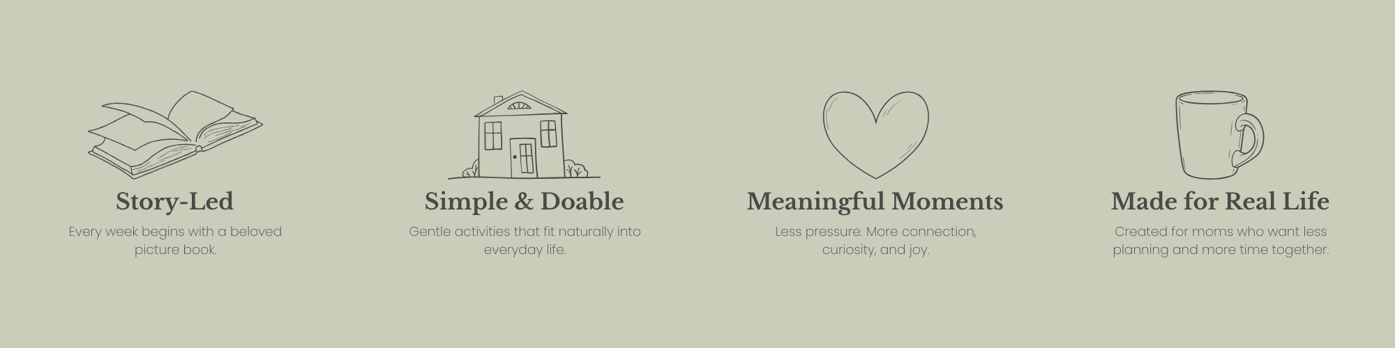 Illustrated icons highlighting the Acorn to Sprout approach: story-led learning, simple and doable activities, meaningful moments, and resources designed for real family life.