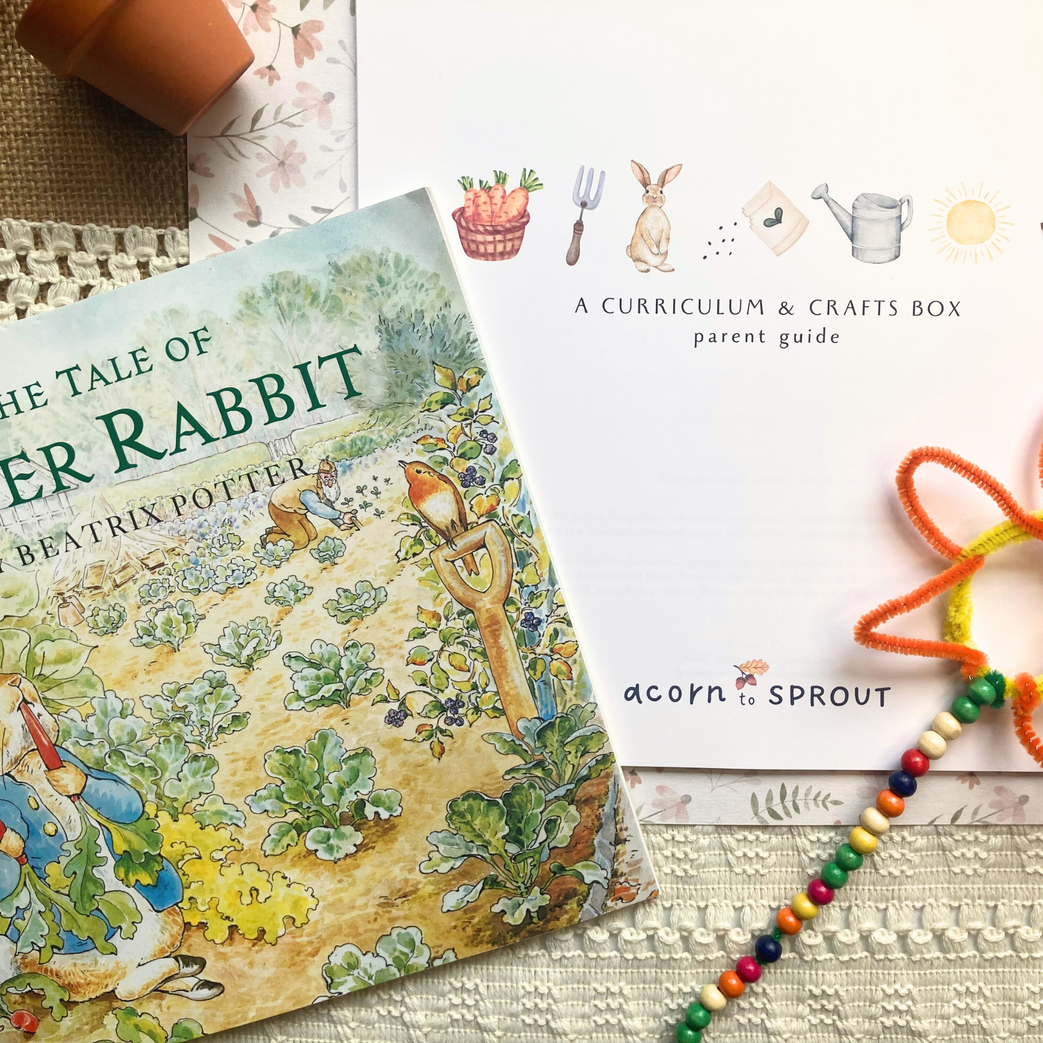 Spring gardening nature-based open and go preschool homeschool curriculum box including quality living book/literature, Peter Rabbit.