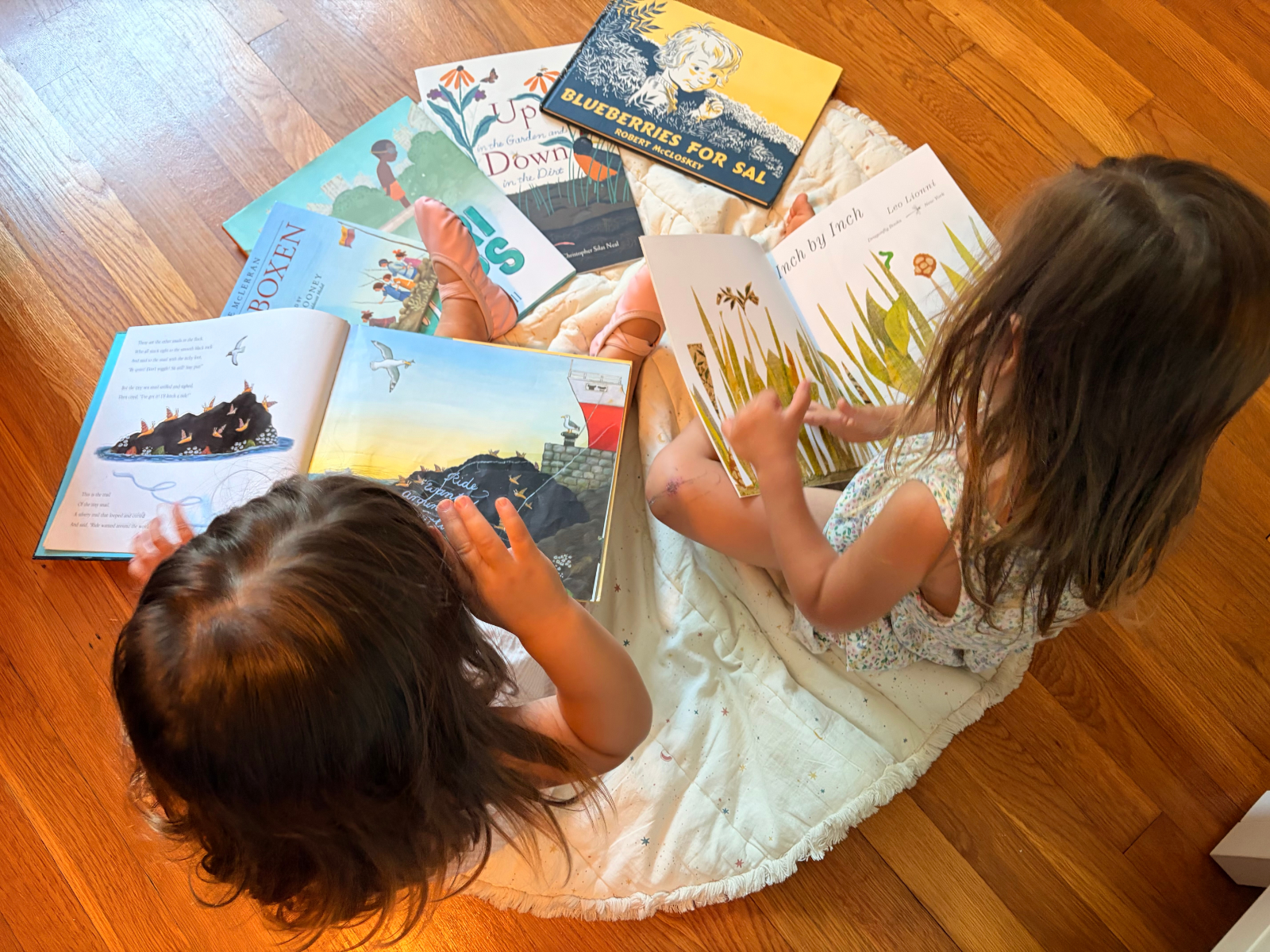 Two young children reading picture books together during story time as part of a gentle story-based preschool curriculum that encourages play, connection, and hands-on learning for ages 3–6.