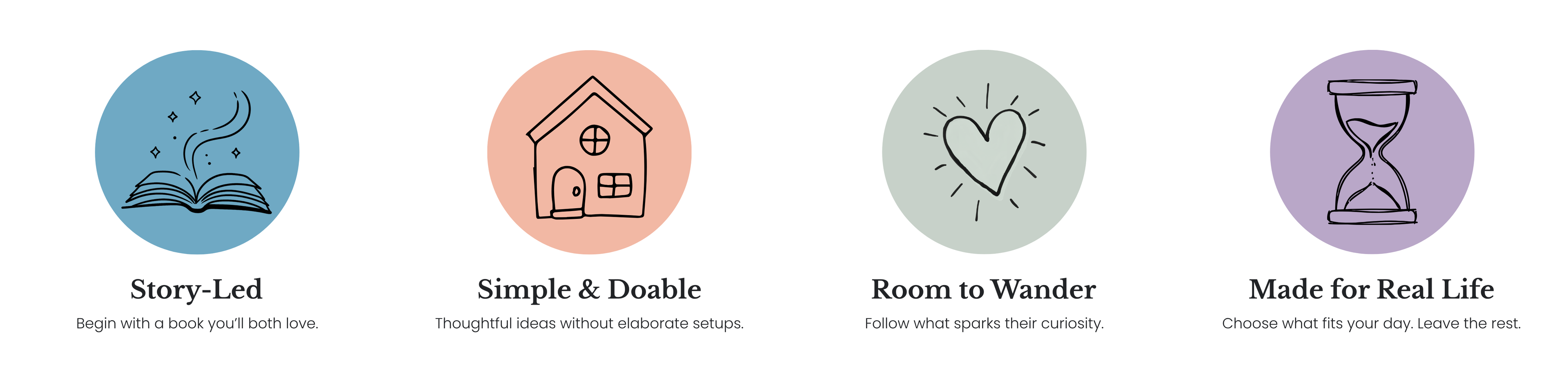 Acorn to Sprout story-led learning principles: Story-Led, Simple & Doable, Room to Wander, and Made for Real Life.