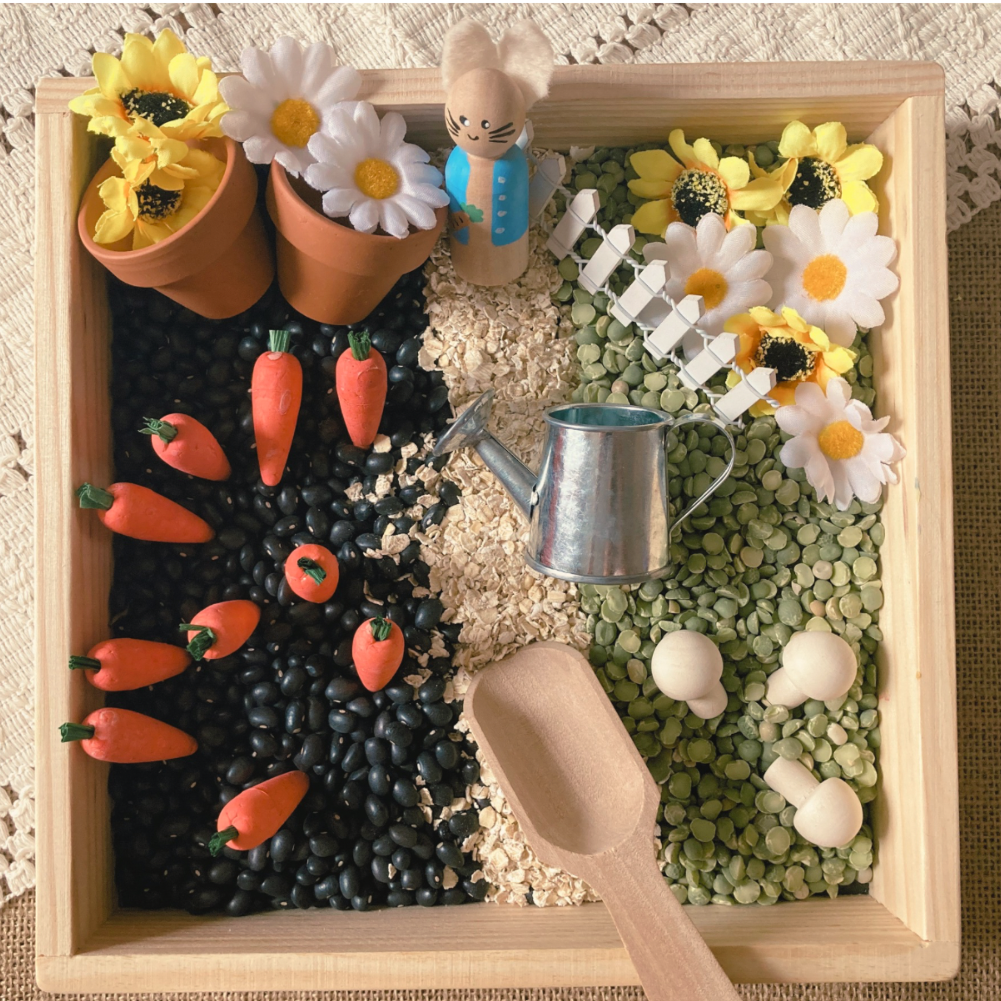 Spring gardening nature-based open and go preschool homeschool curriculum box sensory bin.