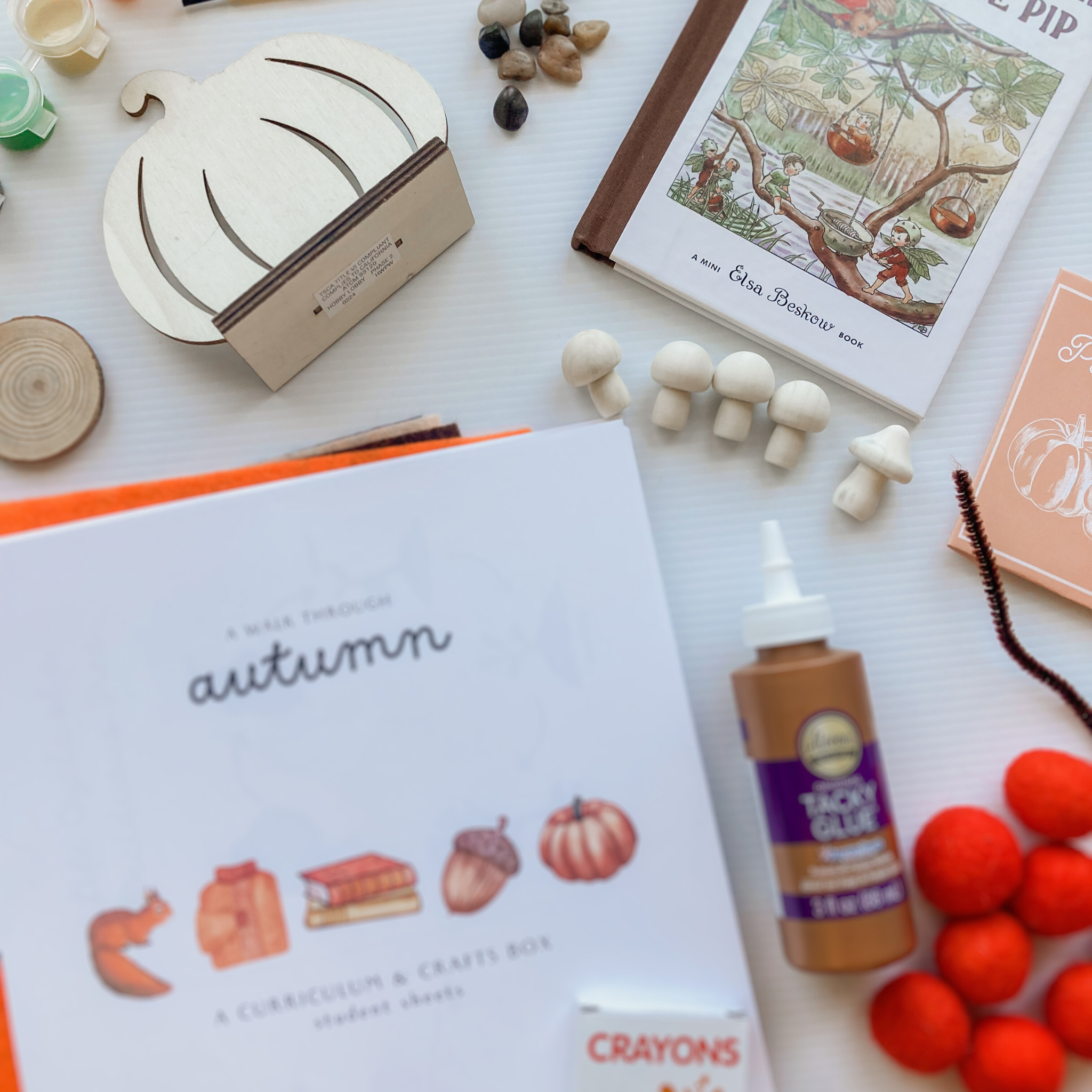 Autumn tinker tray with craft supplies from A Walk Through Autumn homeschool box