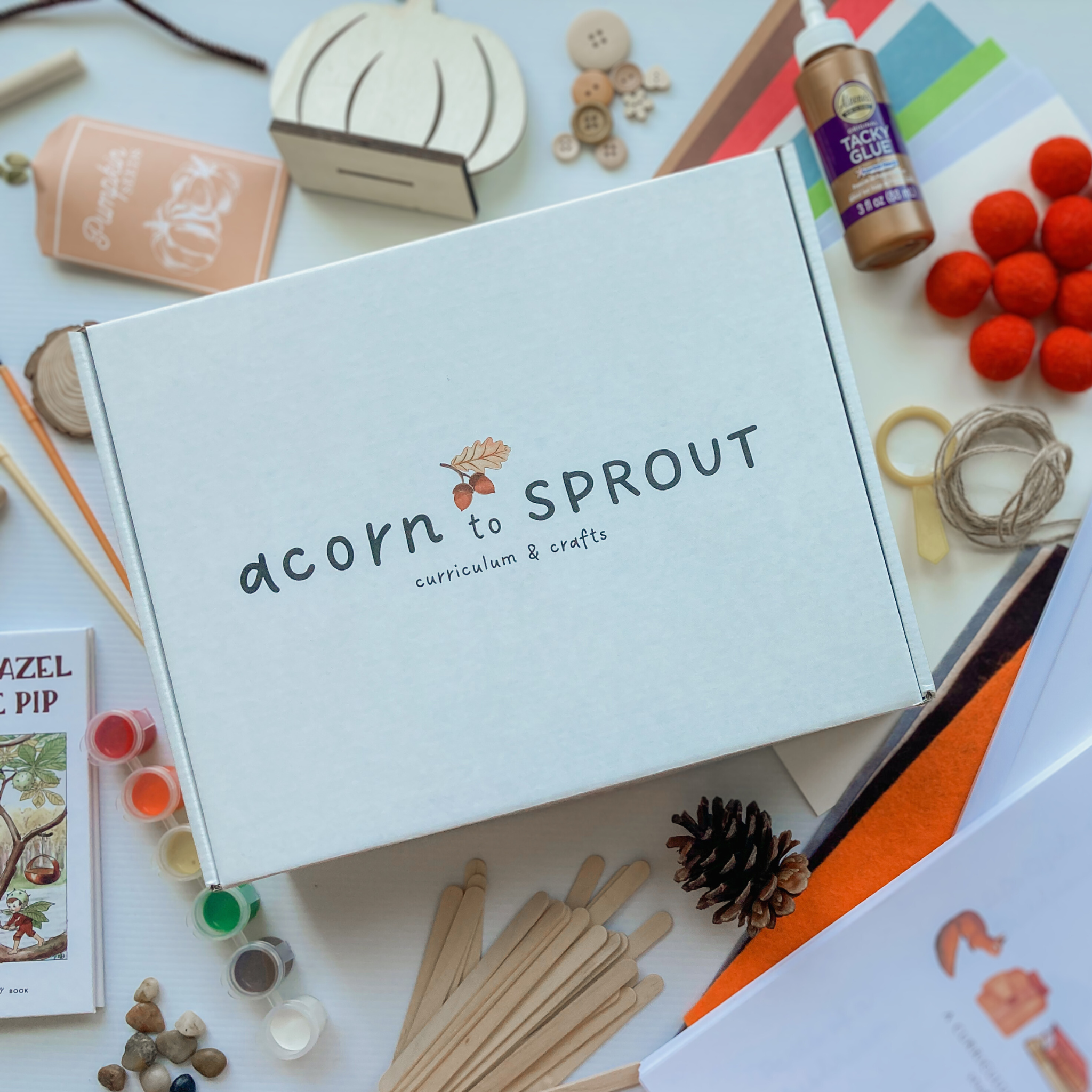 Fall sensory bin materials for preschoolers included in homeschool activity box