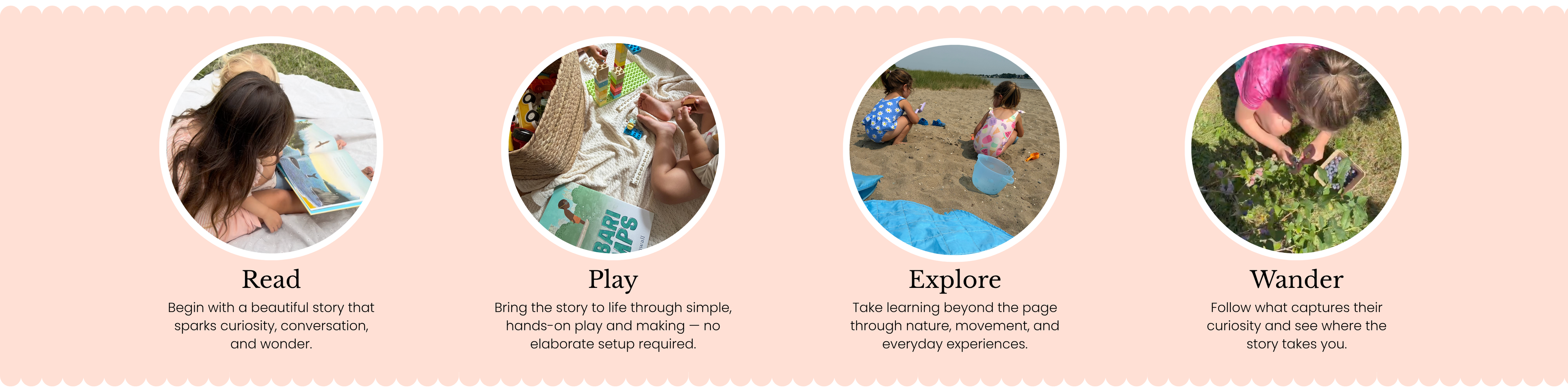 Four ways children learn with Acorn to Sprout: read stories, play, explore outdoors, and follow their curiosity.