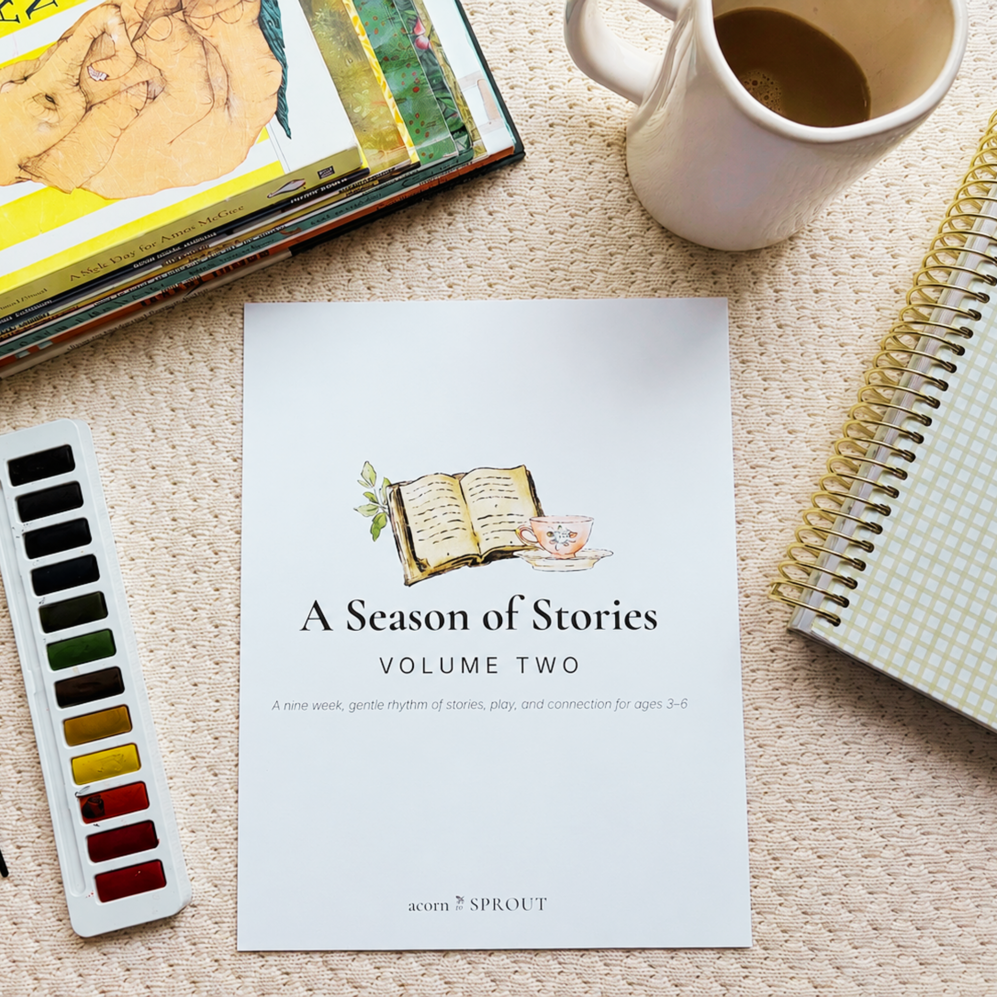 Printed copy of A Season of Stories Volume Two, a gentle story-based preschool curriculum featuring nine weeks of read-aloud activities, play, and hands-on learning for ages 3–6.