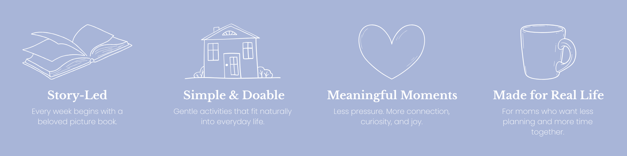 Illustrated icons highlighting the Acorn to Sprout approach: story-led learning, simple and doable activities, meaningful moments, and resources designed for real family life.
