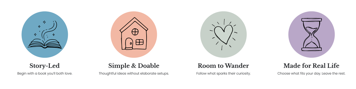 Acorn to Sprout story-led learning principles: Story-Led, Simple & Doable, Room to Wander, and Made for Real Life.