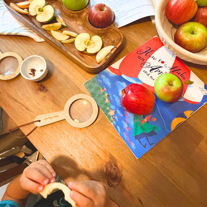 Hands-on preschool apple study with sliced apples, seeds, magnifying glass, picture book, and The Wonder Continues activity guide