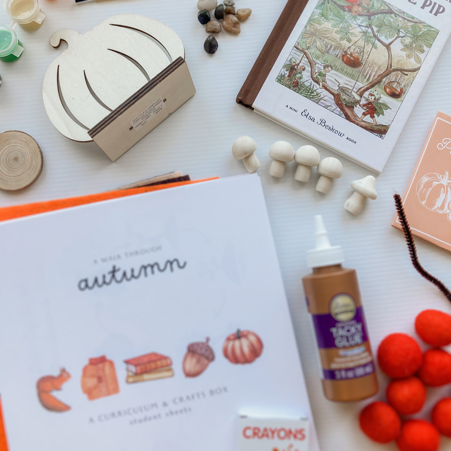 Autumn tinker tray with craft supplies from A Walk Through Autumn homeschool box