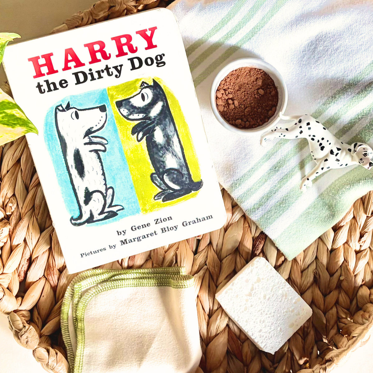 Harry the Dirty Dog picture book styled with simple dog-themed sensory and play materials.