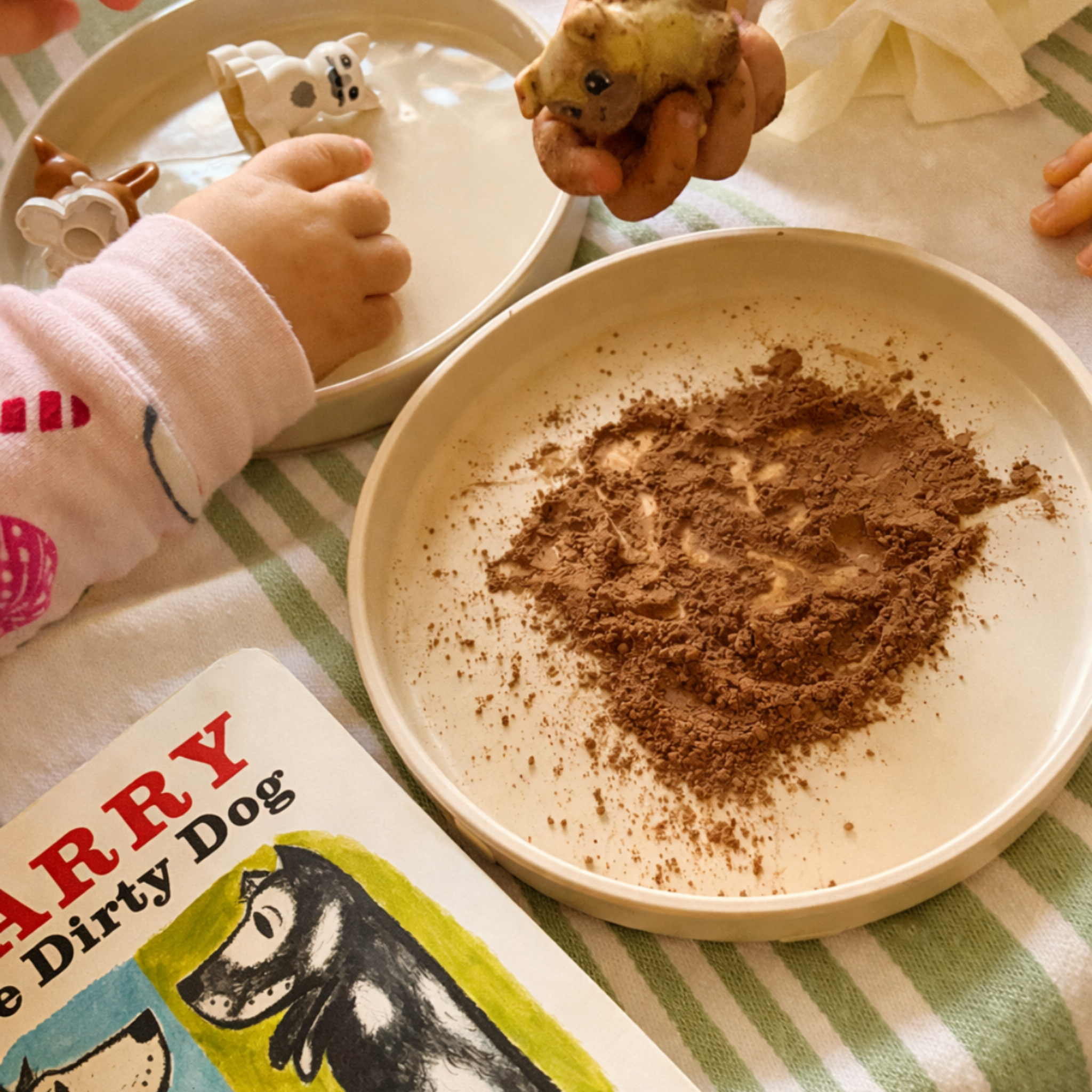 Child making marks in cocoa powder during a sensory activity inspired by Harry the Dirty Dog.
