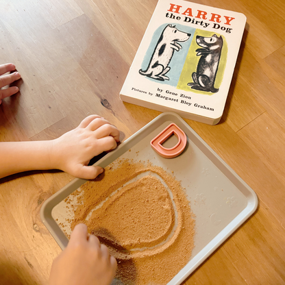 Preschool child tracing letters in a sensory tray next to Harry the Dirty Dog, blending early literacy with hands-on learning.