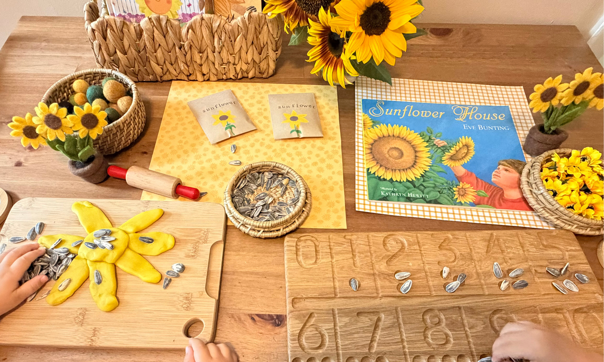 Sunflower House preschool activities with sunflower seeds, play dough, counting, writing, and the picture book.